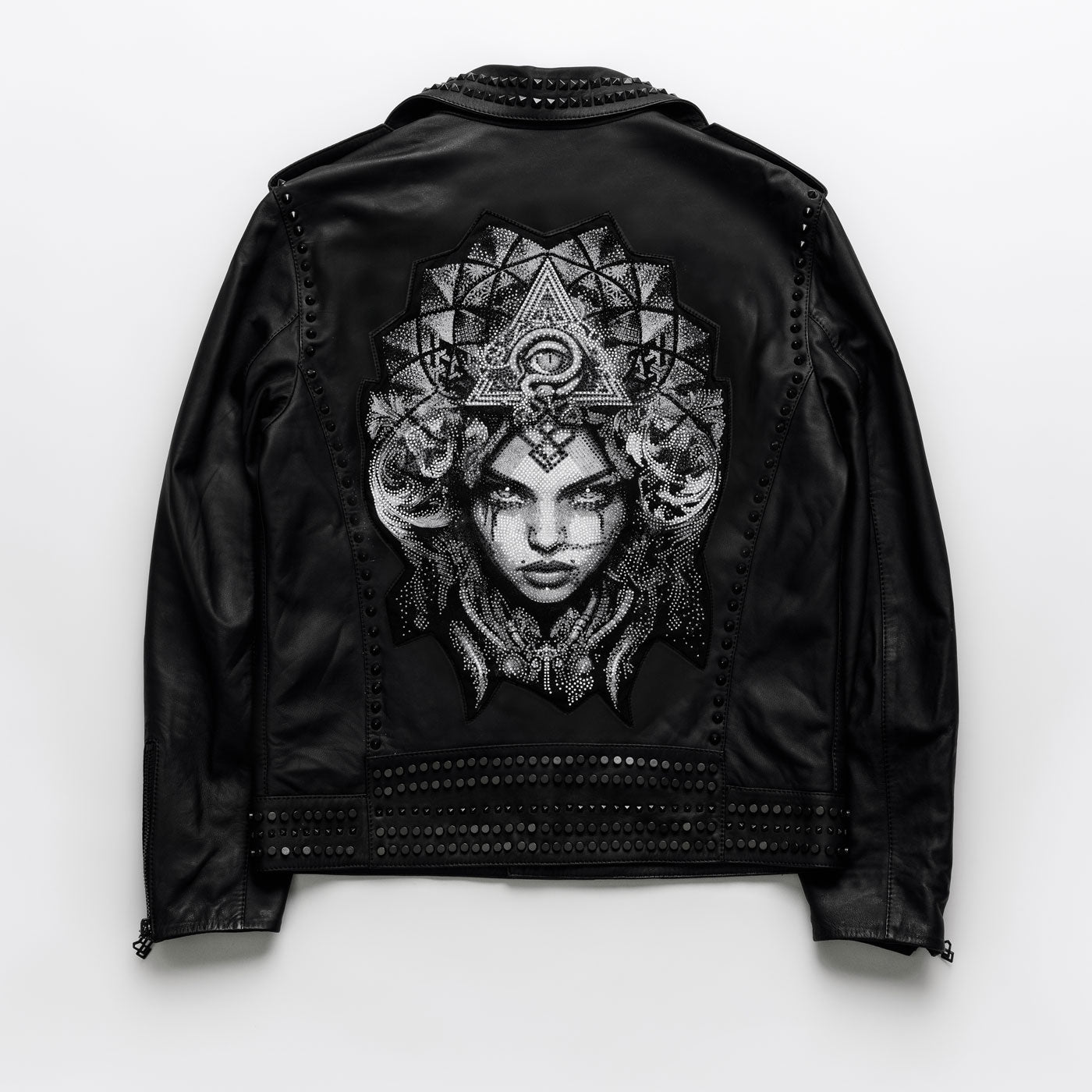 Geisha Printed Studded Leather Jacket