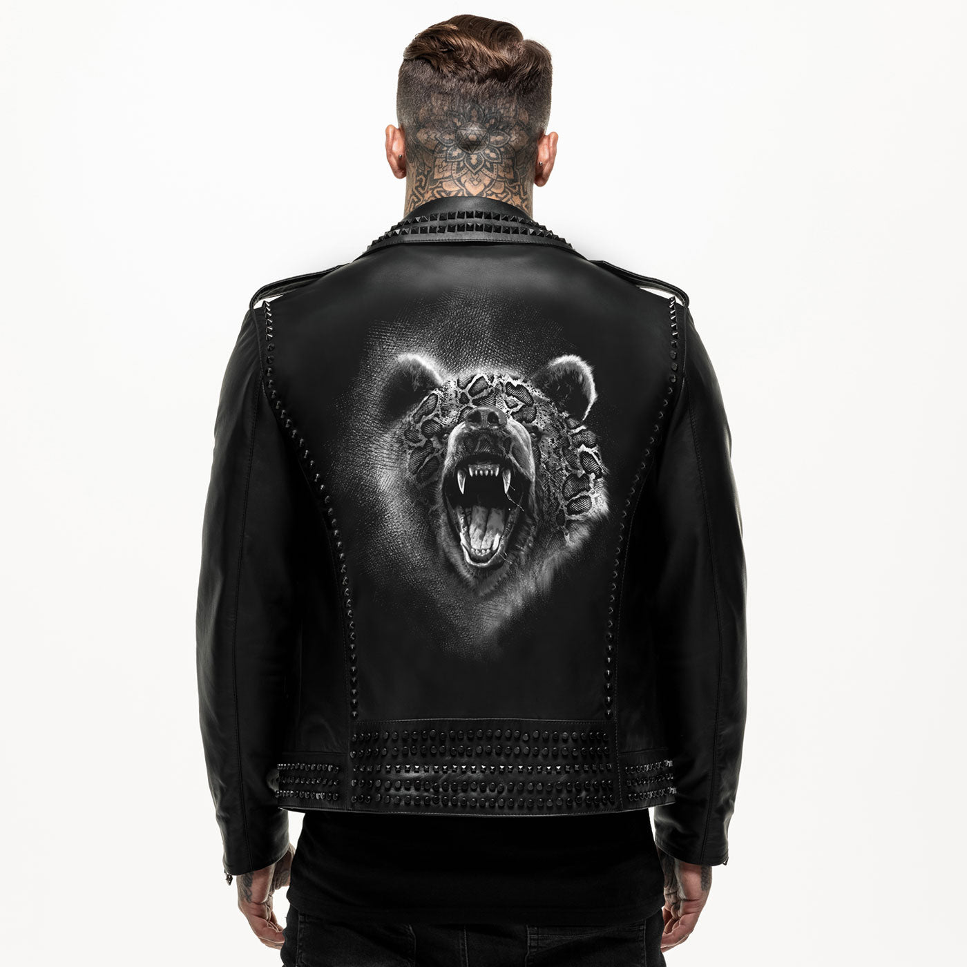Printed Bear Studded Leather Jacket
