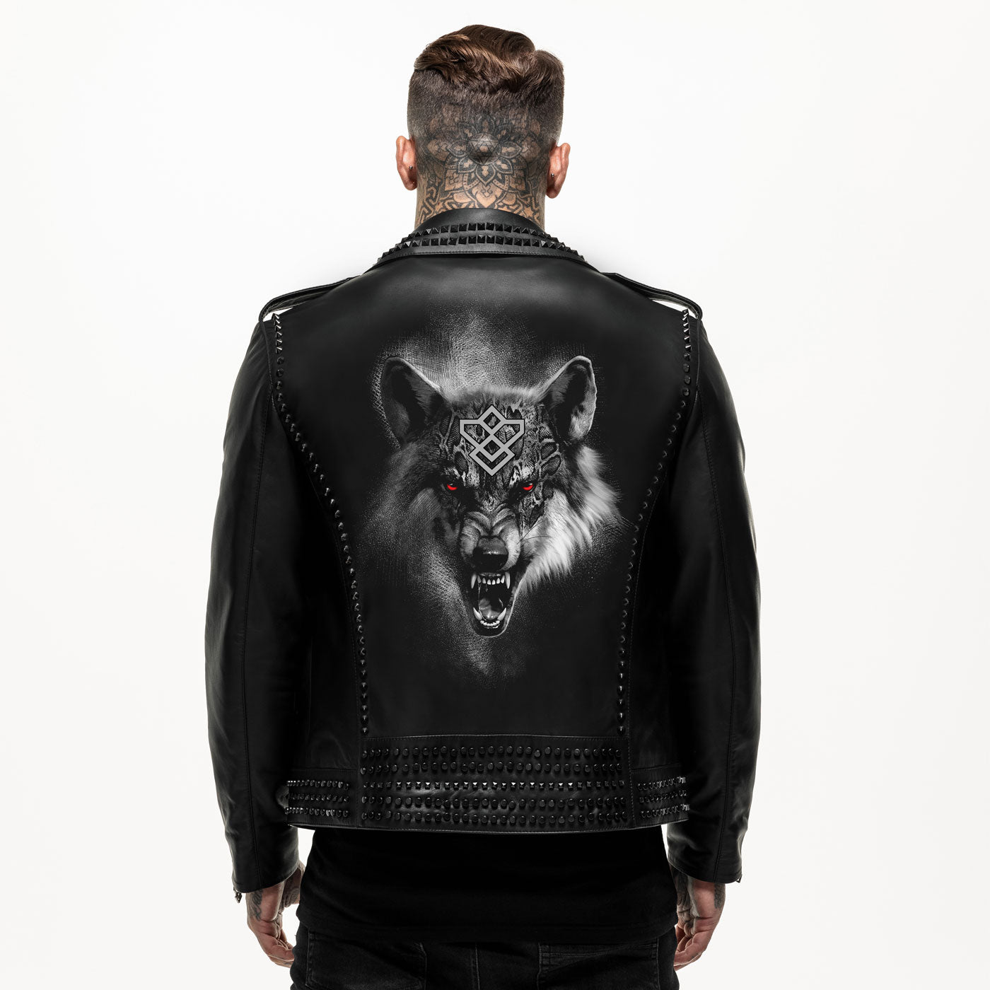 Printed Wolf Studded Leather Jacket