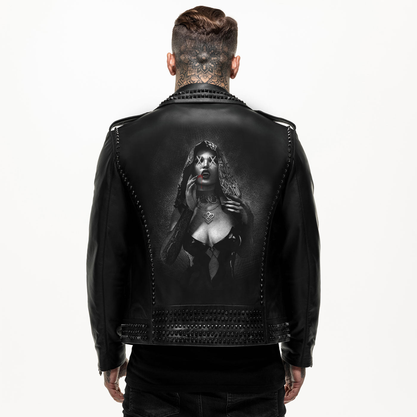 Printed Vampire Studded Leather Jacket