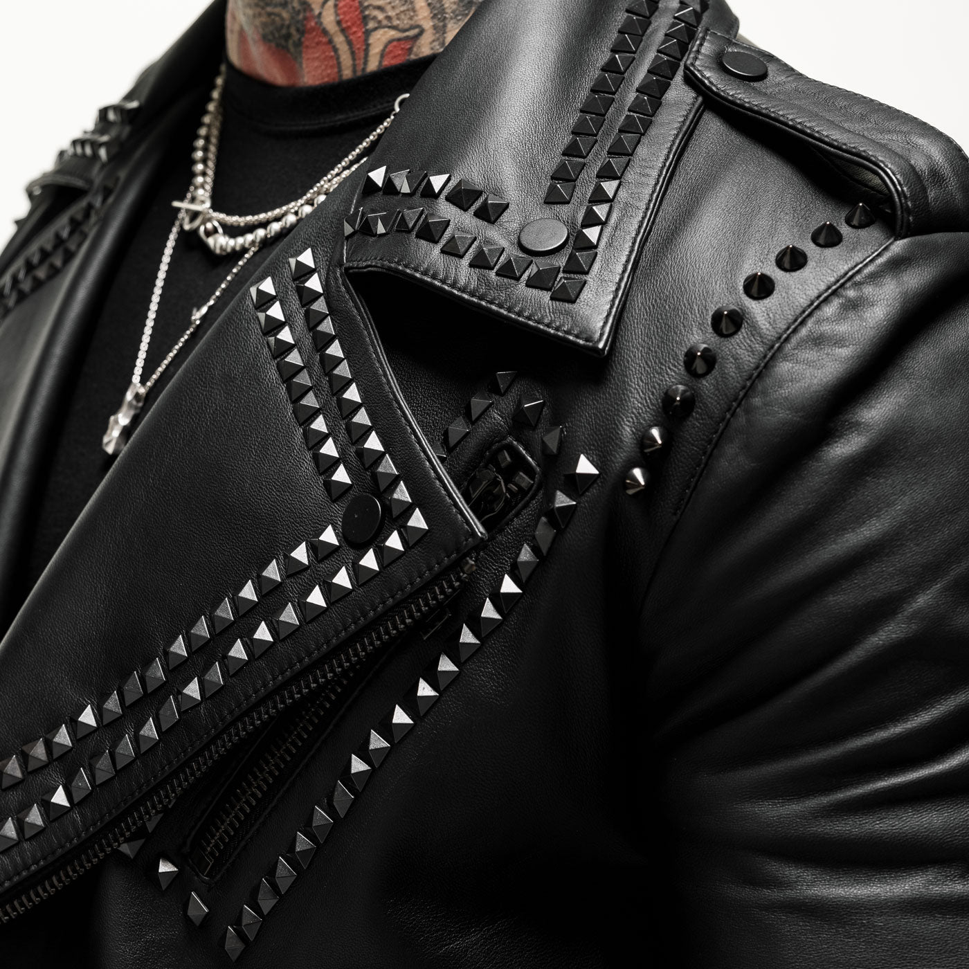 Mens Nathan Smooth Studded Shoulder Black Moto Leather Jacket - Luca Designs