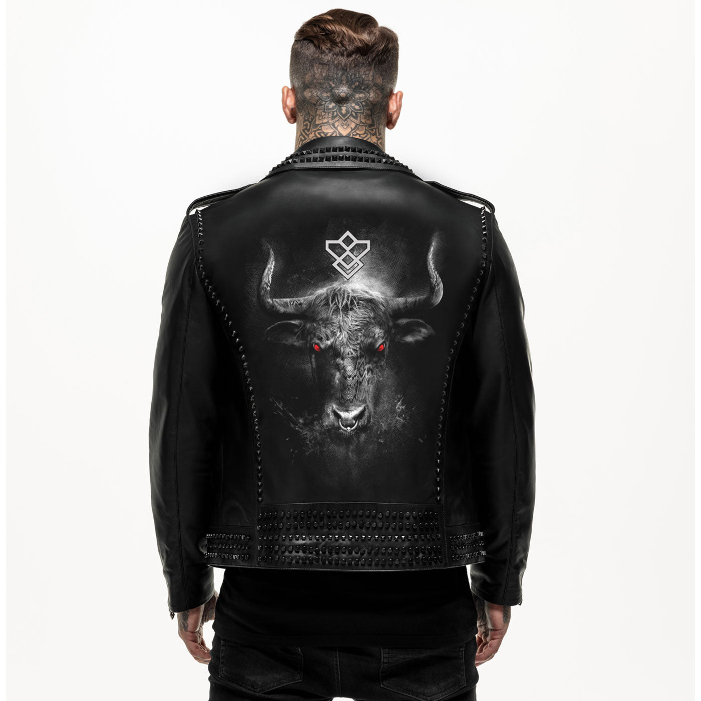 Printed Bull Studded Leather Jacket