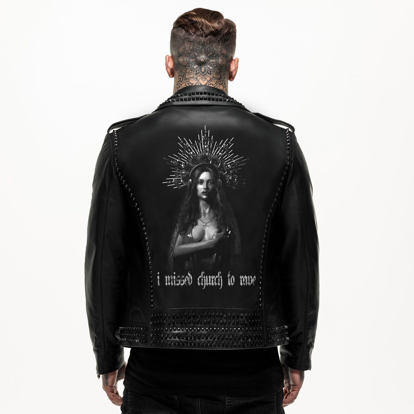 Printed I Missed Church Studded Leather Jacket