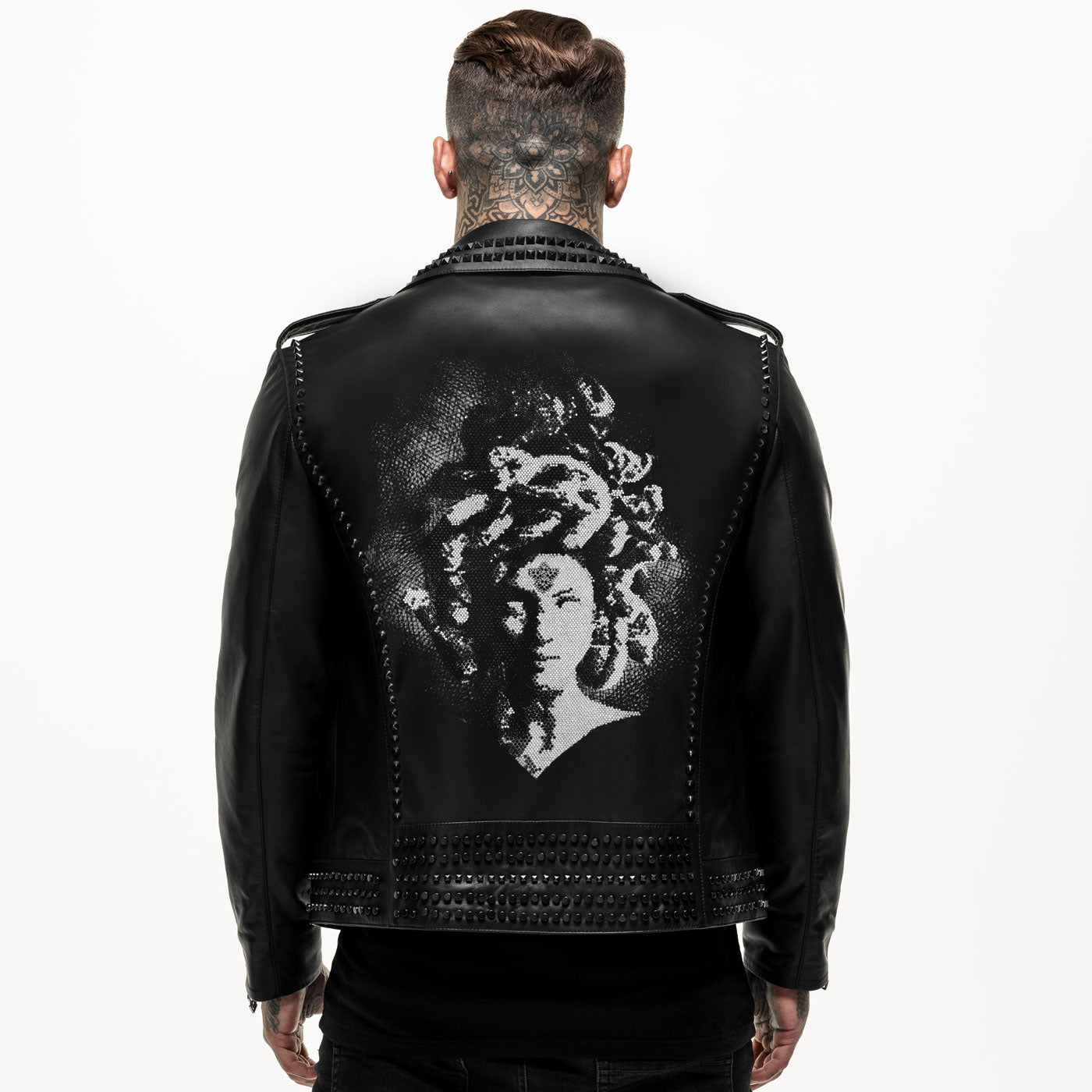 Embellished Medusa Studded Leather Jacket