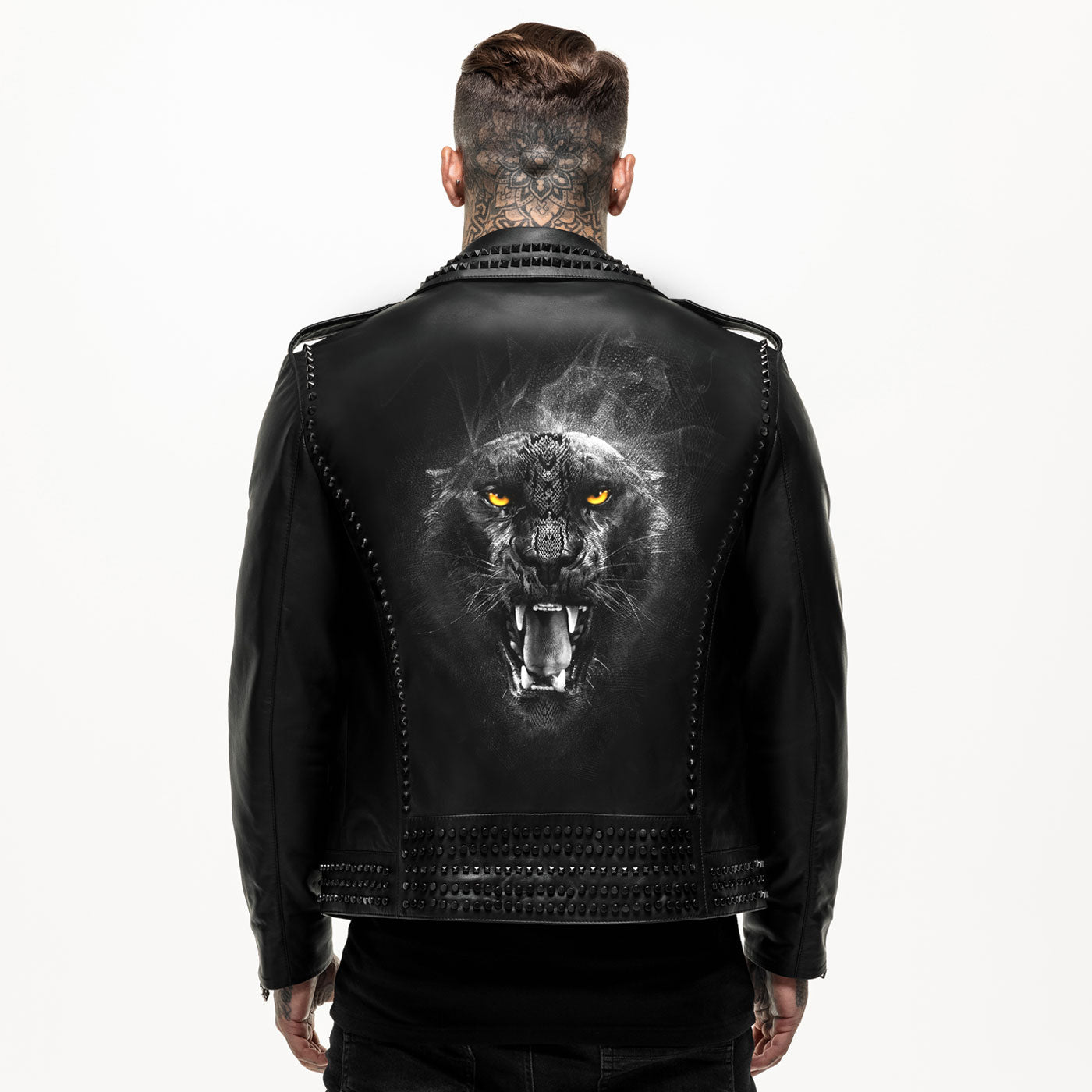 Printed Panther Studded Leather Jacket