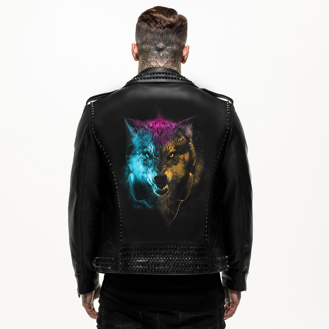 Printed Raving Wolf Studded Leather Jacket